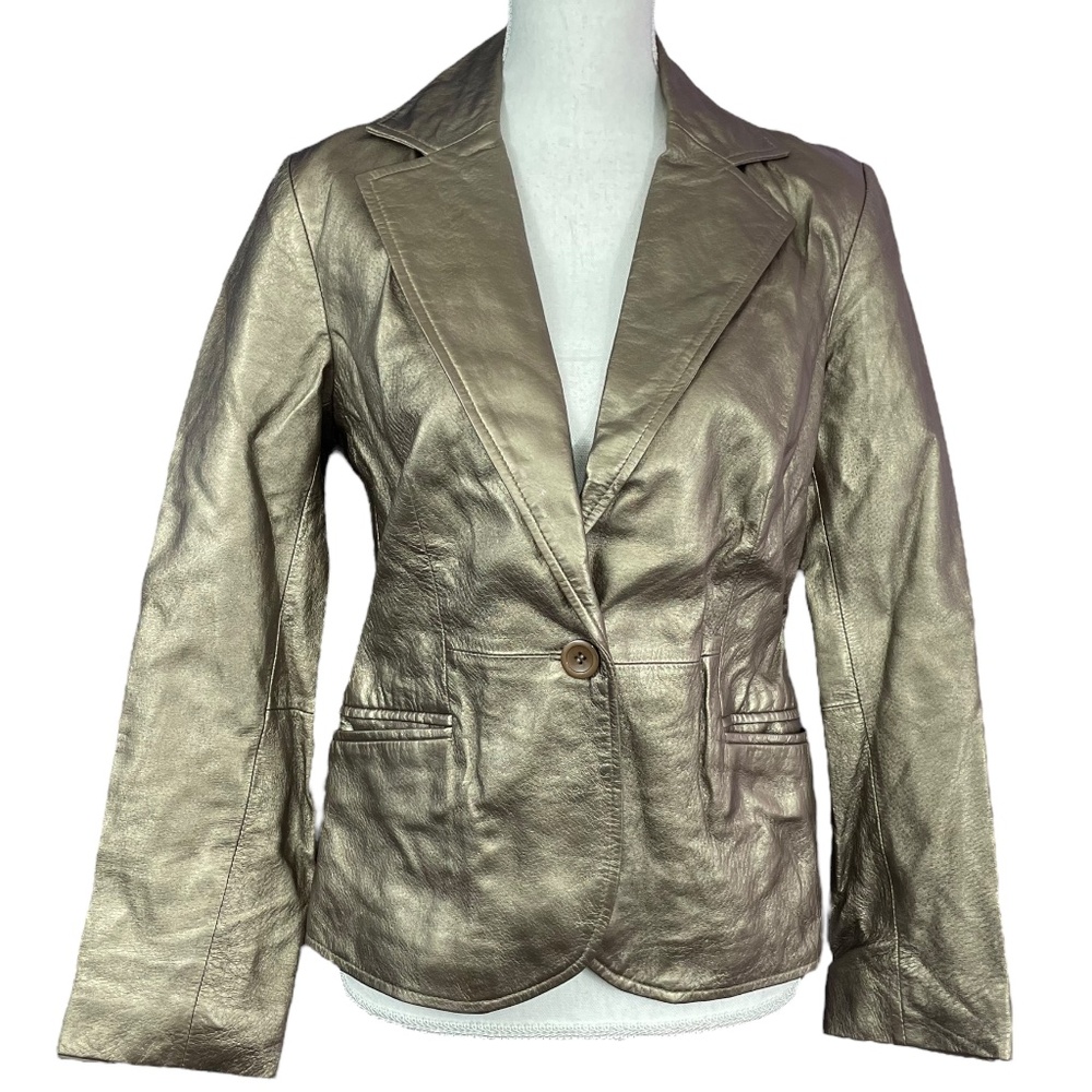 Genuine Leather Metallic Blazer M Jacket Gold Bronze Pockets Notched Lapel